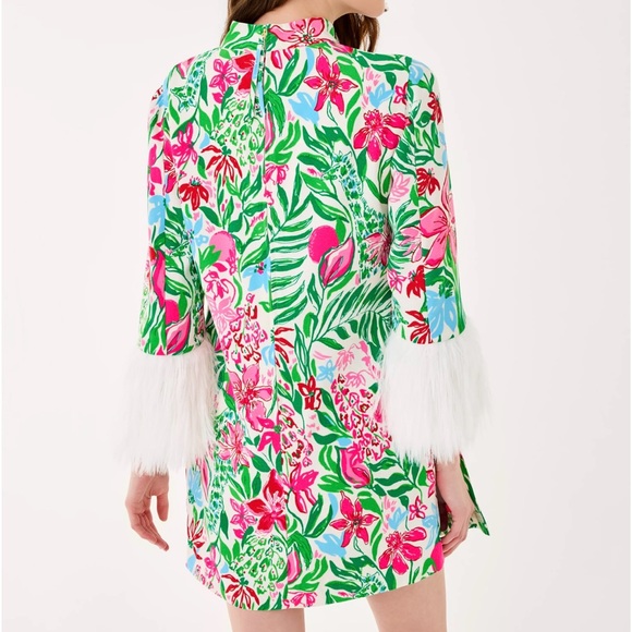 💚🩷 Lily Pulitzer- Agnes Skirted Romper-  Feather Cuffs- with MATCHING Headband🩷💚 - Picture 2 of 7